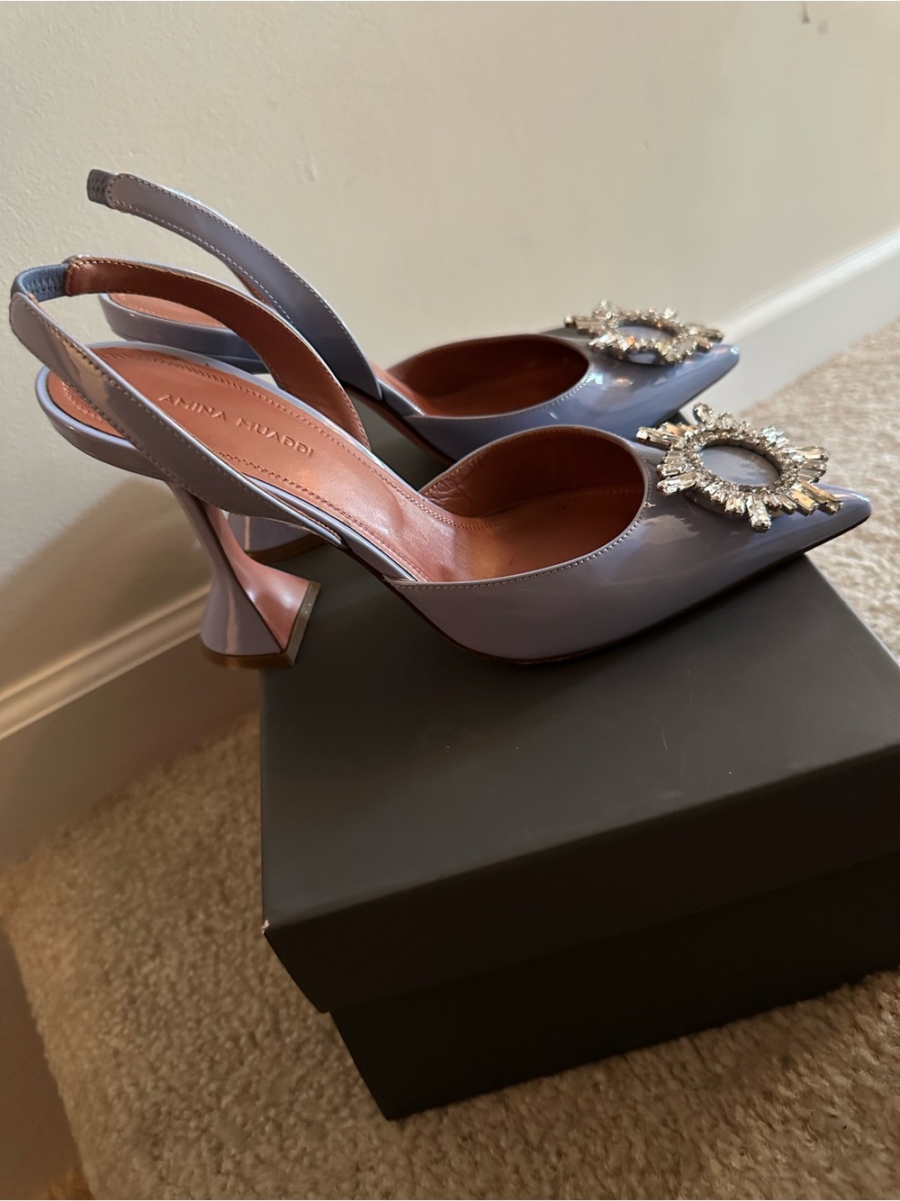 Amina Muaddi Lilac Patent Pointed Slingback Heels with Crystal Sunburst - Picture 2 of 2